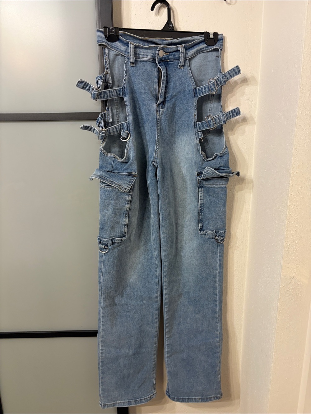 Light Wash Blue Cargo Strap Jeans - Women